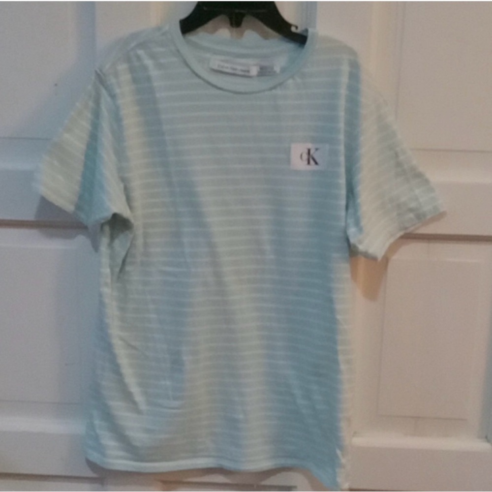 Calvin Klein Boy's Short Sleeve Shirt Size M (10-12) Teal Stripes